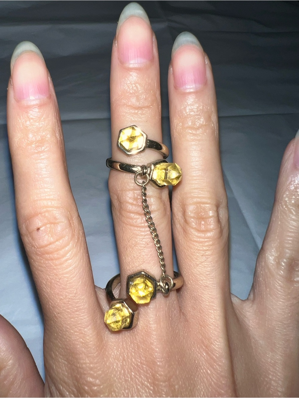 Gold-Tone Chain Double Ring with Yellow Gemstones